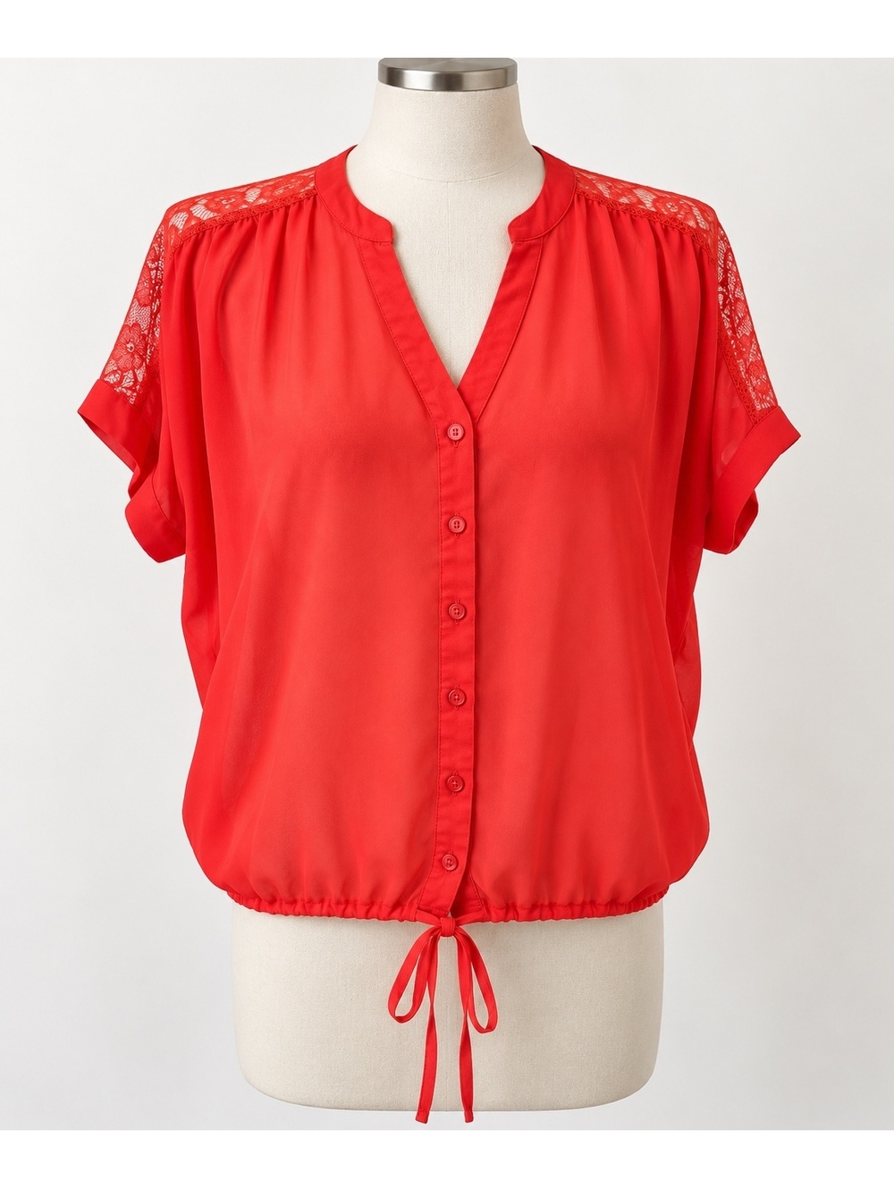 Charlotte Russe Red Lace Shoulder Button Front Tie Hem Blouse Top Size L